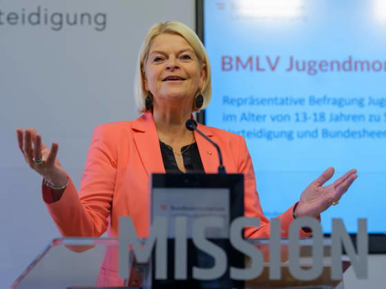 October 23, 2026: Press Conference on the BMLV Youth Monitor 2026—Federal Minister of Defense Klaudia Tanner (ÖVP) on October 23, 2026, at the press conference titled What Do Young People Think About the Austrian Armed Forces? held at the Rossauer Barracks in Vienna, Vienna, Austria