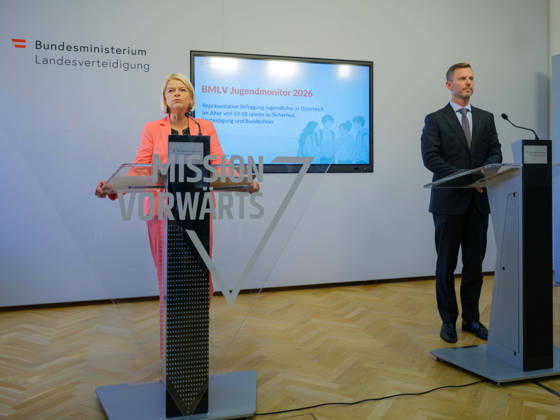 October 23, 2026: Press Conference on the BMLV Youth Monitor 2026—Federal Minister of Defense Klaudia Tanner (ÖVP) and Head of the Strategic Market and Opinion Research Division Wolfgang Prinz (BMLV) on October 23, 2026, at the press conference on the topic What Do Youth Think About the Austrian Armed Forces at the Rossauer Barracks in Vienna, Vienna, Austria