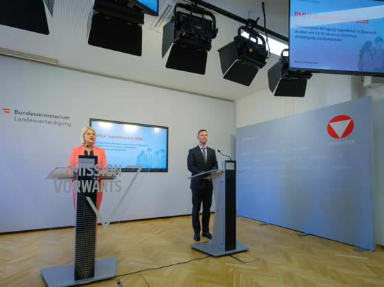 October 23, 2026: Press Conference on the BMLV Youth Monitor 2026—Federal Minister of Defense Klaudia Tanner (ÖVP) and Head of the Strategic Market and Opinion Research Division at the BMLV, Wolfgang Prinz, on October 23, 2026, at the press conference on the topic What Do Youth Think About the Austrian Armed Forces at the Rossauer Barracks in Vienna, Vienna, Austria