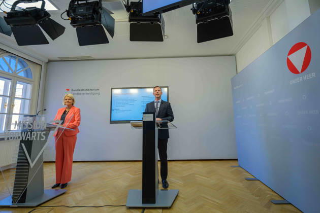 October 23, 2026: Press Conference on the BMLV Youth Monitor 2026—Federal Minister of Defense Klaudia Tanner (ÖVP) and Head of the Strategic Market and Opinion Research Division at the BMLV, Wolfgang Prinz, on October 23, 2026, at the press conference on the topic What Do Youth Think About the Austrian Armed Forces at the Rossauer Barracks in Vienna, Vienna, Austria