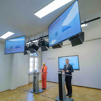 October 23, 2026: Press Conference on the BMLV Youth Monitor 2026—Federal Minister of Defense Klaudia Tanner (ÖVP) and Head of the Strategic Market and Opinion Research Division Wolfgang Prinz (BMLV) on October 23, 2026, at the press conference on the topic What Do Youth Think About the Austrian Armed Forces at the Rossauer Barracks in Vienna, Vienna, Austria