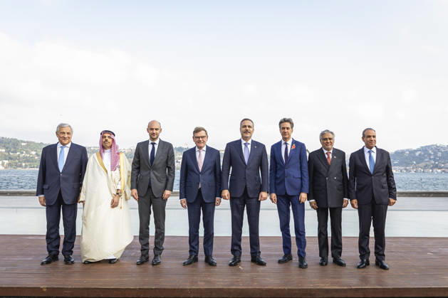 L R Antonio Tajani, Minister of Foreign Affairs of Italy; Prince Faisal bin Farhan bin Abdullah bin Faisal bin Farhan Al Saud, Minister of Foreign Affairs of Saudi Arabia; Jean Noel Barrot, M Copyright: xJulianexSonntagx