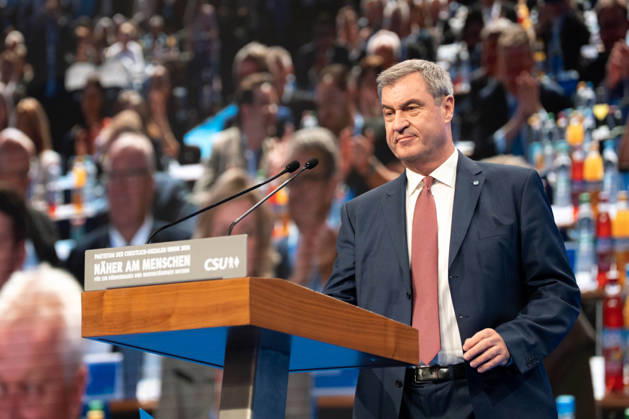Munich, Bavaria, Germany October 23, 2026: The 2026 convention of the CSU (Christian Social Union) at the Munich Trade Fair Center. Minister President Dr. Markus Söder delivers a speech on stage