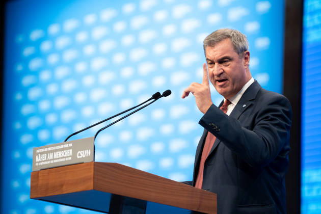 Munich, Bavaria, Germany October 23, 2026: The 2026 convention of the CSU (Christian Social Union) at the Munich Trade Fair Center. Minister President Dr. Markus Söder delivers a speech on stage