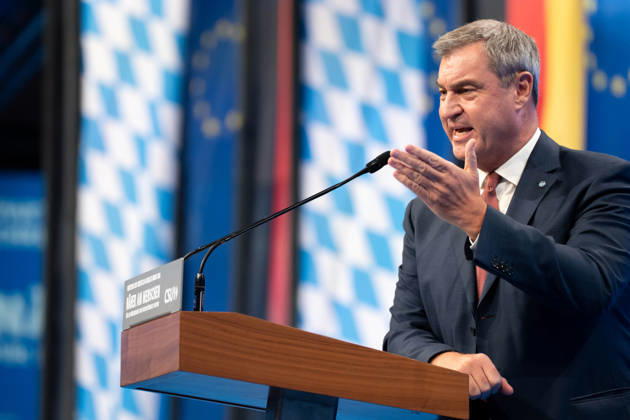 Munich, Bavaria, Germany October 23, 2026: The 2026 convention of the CSU (Christian Social Union) at the Munich Trade Fair Center. Minister President Dr. Markus Söder delivers a speech on stage