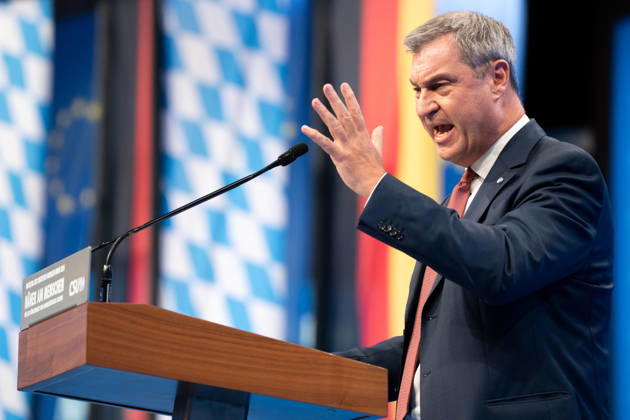 Munich, Bavaria, Germany October 23, 2026: The 2026 convention of the CSU (Christian Social Union) at the Munich Trade Fair Center. Minister President Dr. Markus Söder delivers a speech on stage