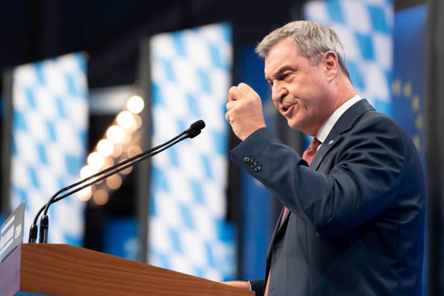 Munich, Bavaria, Germany October 23, 2026: The 2026 convention of the CSU (Christian Social Union) at the Munich Trade Fair Center. Minister President Dr. Markus Söder delivers a speech on stage