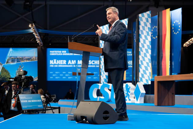 Munich, Bavaria, Germany October 23, 2026: The 2026 convention of the CSU (Christian Social Union) at the Munich Trade Fair Center. Minister President Dr. Markus Söder delivers a speech on stage