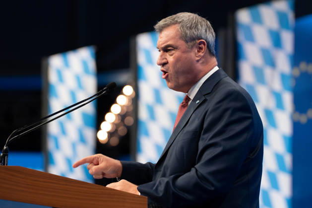 Munich, Bavaria, Germany October 23, 2026: The 2026 convention of the CSU (Christian Social Union) at the Munich Trade Fair Center. Minister President Dr. Markus Söder delivers a speech on stage