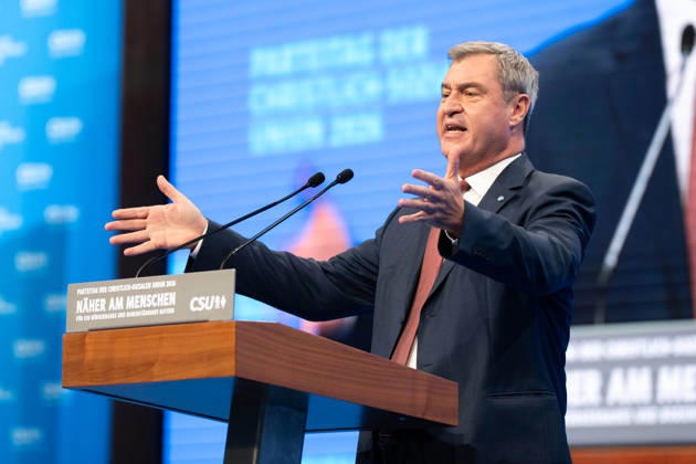 Munich, Bavaria, Germany October 23, 2026: The 2026 convention of the CSU (Christian Social Union) at the Munich Trade Fair Center. Minister President Dr. Markus Söder delivers a speech on stage