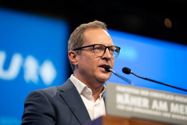 Munich, Bavaria, Germany October 23, 2026: The 2026 convention of the CSU (Christian Social Union) at the Munich Trade Fair Center. CSU Secretary-General Martin Huber (MDL) speaks on stage