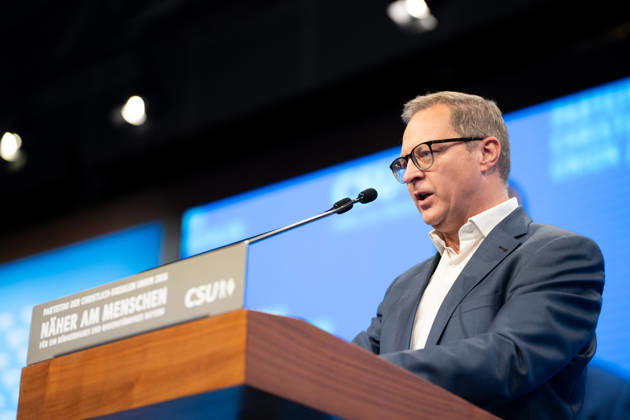 Munich, Bavaria, Germany October 23, 2026: The 2026 convention of the CSU (Christian Social Union) at the Munich Trade Fair Center. CSU Secretary-General Martin Huber (MDL) speaks on stage