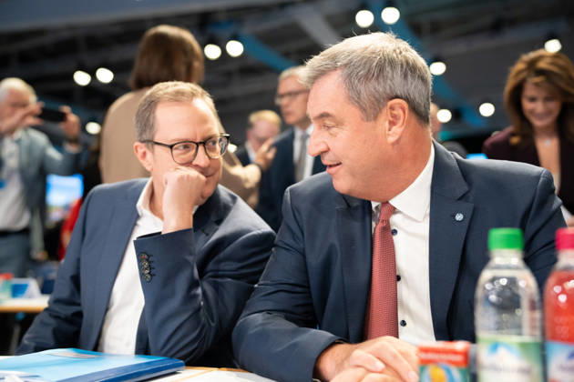 Munich, Bavaria, Germany October 23, 2026: The 2026 convention of the CSU (Christian Social Union) at the Munich Trade Fair Center. CSU Secretary-General Martin Huber (MDL) speaks with Minister-President Dr. Markus Söder