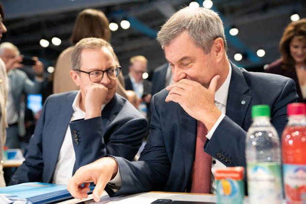 Munich, Bavaria, Germany October 23, 2026: The 2026 convention of the CSU (Christian Social Union) at the Munich Trade Fair Center. CSU Secretary-General Martin Huber (MDL) speaks with Minister-President Dr. Markus Söder