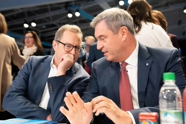 Munich, Bavaria, Germany October 23, 2026: The 2026 convention of the CSU (Christian Social Union) at the Munich Trade Fair Center. CSU Secretary-General Martin Huber (MDL) speaks with Minister-President Dr. Markus Söder