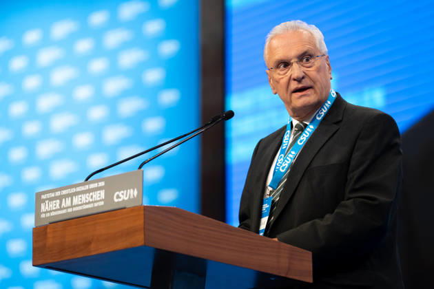 Munich, Bavaria, Germany October 23, 2026: The 2026 convention of the CSU (Christian Social Union) at the Munich Trade Fair Center. Joachim Herrmann (Bavarian Minister of the Interior) delivers a speech on stage