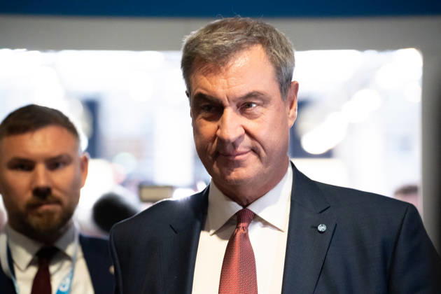 Munich, Bavaria, Germany October 23, 2026: The 2026 convention of the CSU (Christian Social Union) at the Munich Trade Fair Center. Arrival of Minister President Dr. Markus Söder with bodyguards, security personnel, and personal protection