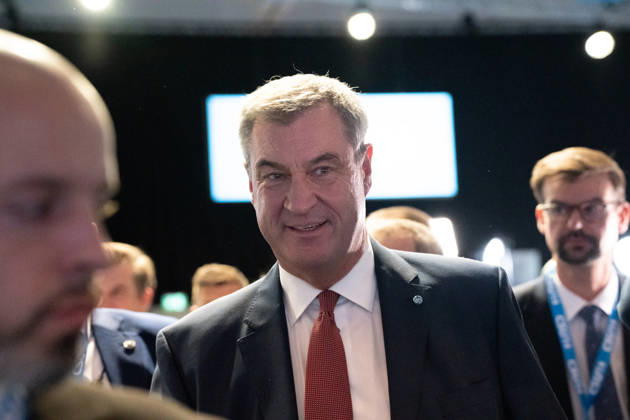 Munich, Bavaria, Germany October 23, 2026: The 2026 convention of the CSU (Christian Social Union) at the Munich Trade Fair Center. Arrival of Minister President Dr. Markus Söder with bodyguards, security personnel, and personal protection