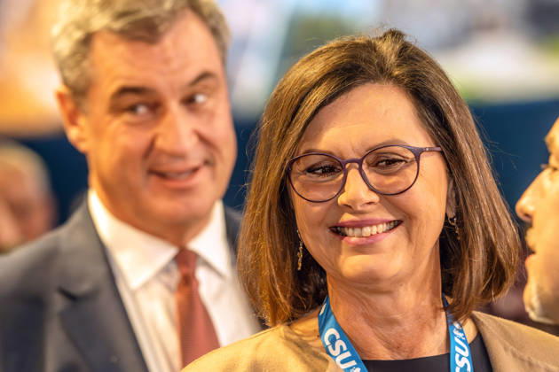 Markus Söder, Minister-President of Bavaria, Ilse Aigner, President of the State Parliament and CSU candidate for the office of Federal President, at the CSU Party Convention, Messe München, October 23, 2026, Germany, Munich, October 23, 2026, Markus Söder, Minister-President of Bavaria, with Ilse Aigner, President of t