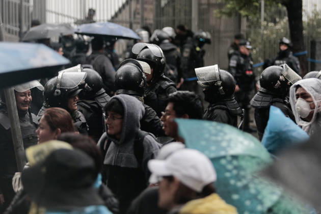 Bolivian teachers march amid the state of emergency in Bolivia LA PAZ, BOLIVIA - OCTOBER 23: Police guard the streets in the rain during a teachers protest against the government, amid a state of emergency in La Paz, Bolivia, on October 23, 2026. The Urban Teachers Union is holding a 24-hour nationwide strike this Friday to press a series of demands upon the national government. In La Paz, Cochabamba, Chuquisaca, and Santa Cruz, teachers are staging marches and protests, despite the state of emergency currently in effect in the country. Jorge Mateo Romay Salinas Anadolu La paz Bolivia. Editorial use only. Please get in touch for any other usage. Copyright: x2026xAnadoluxJorgexMateoxRomayxSalinasx