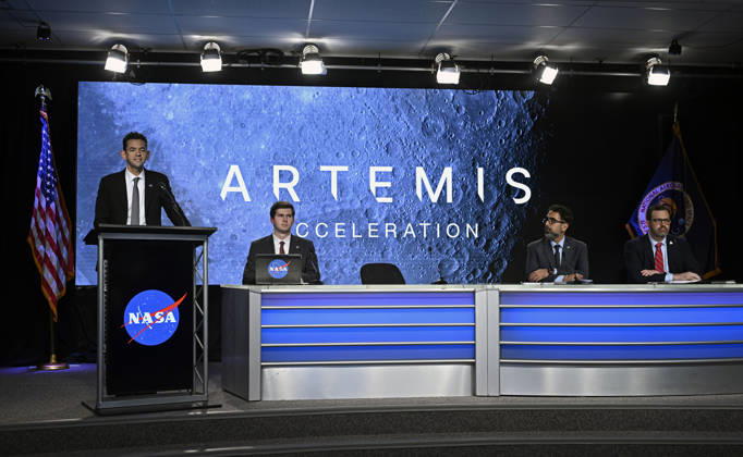 NASA Administrator Jared Isaacman (l) speaks during a press briefing as Deputy Press Secretary George Alderman, NASA Associate Administrator Amit Kshatriya and NASA Artemis Program Manager Jeremy Parsons (table l to r) participate at the Kennedy Space Center on Friday October 23, 2026. NASA is providing an update on the acceleration of the Artemis Program as they continue to prepare for returning crewed missions to the moon.  KSP202610230002 JOExMARINO