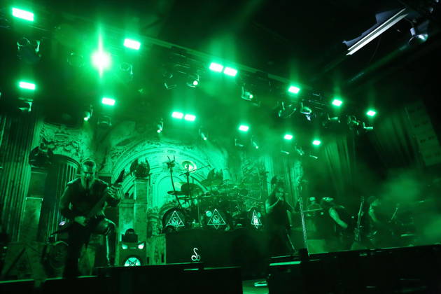 Kjell Age Damage Karlsen, Dariusz Daray Brzozowski, Stian Tomt Shagrath Thoresen, Geir Gerlioz Bratland, Victor Brandt, and Sven Atle Erkekjetter Silenoz Kopperud, from left, of the band Dimmu Borgir at a concert at the Columbiahalle in Berlin, October 23, 2026: Behemoth and Dimmu Borgir Concert in Berlin