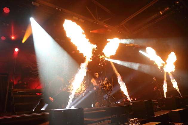 Patryk Dominik Seth Sztyber, Zbigniew Robert Inferno Prominski, Adam Michal Nergal Darski, and Tomasz Orion Wroblewski (from left), members of the band Behemoth, at a concert at the Columbiahalle in Berlin on October 23, 2026. Behemoth and Dimmu Borgir Concert in Berlin