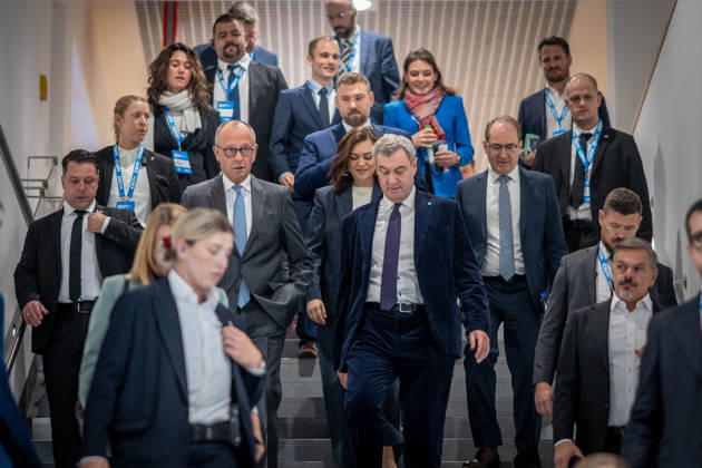 Chancellor Friedrich Merz speaks here alongside CSU Party Chairman Markus Söder on their way to Exhibition Hall C6 ahead of the CSU Party Convention in Munich, with Franziska Hoppermann and Alexander Dobrindt. CSU Party Convention in Munich, Munich, Bavaria, Germany, Munich Exhibition Center