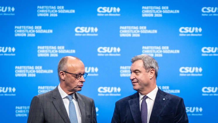 Chancellor Friedrich Merz with CSU Party Chairman Markus Söder at the CSU Party Convention in Munich, Munich, Bavaria, Germany, Munich Trade Fair Grounds