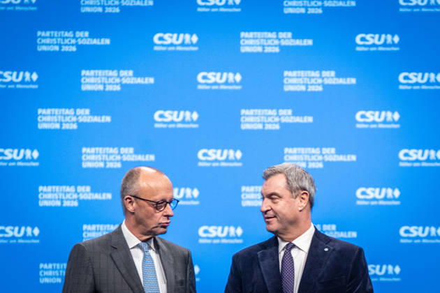 Chancellor Friedrich Merz with CSU Party Chairman Markus Söder at the CSU Party Convention in Munich, Munich, Bavaria, Germany, Munich Trade Fair Grounds