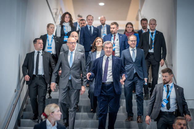 Chancellor Friedrich Merz speaks here alongside CSU Party Chairman Markus Söder on their way to Exhibition Hall C6 at the CSU Party Convention in Munich, with Franziska Hoppermann, Alexander Dobrindt, and Alexander Hoffmann. CSU Party Convention in Munich, Munich, Bavaria, Germany, Munich Exhibition Center