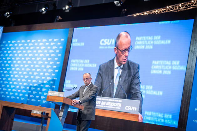 Chancellor Friedrich Merz speaks at the CSU Party Convention in Munich; CSU Party Convention in Munich, Munich, Bavaria, Germany; Munich Trade Fair Grounds