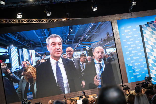 Chancellor Friedrich Merz with CSU Party Chairman Markus Söder at the party convention, appearing together on the LED screen behind the stage as they entered the event hall—Söder first, Merz second—at the CSU party convention in Munich, Munich, Bavaria, Germany, Munich Trade Fair Grounds