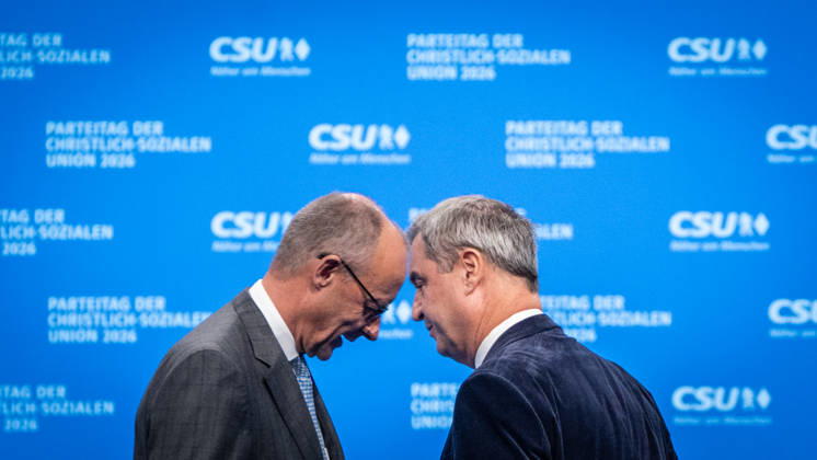 Chancellor Friedrich Merz with CSU Party Chairman Markus Söder at the CSU Party Convention in Munich, Munich, Bavaria, Germany, Munich Trade Fair Grounds