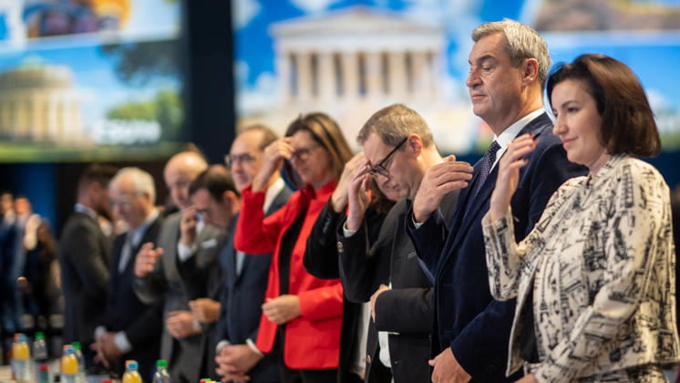 Joint prayer at the start of the second day of the event with Markus Söder, Dorothee Doro Bär, Martin Huber, Ilse Aigner, Alexander Dobrindt, and others; CSU Party Convention in Munich, Munich, Bavaria, Germany; Munich Trade Fair Grounds