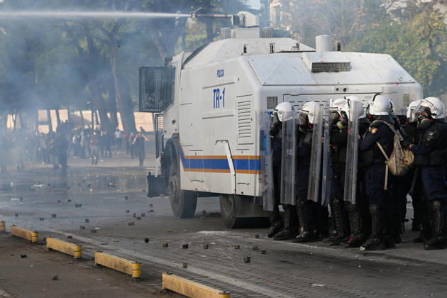 Mass Anti-Government National Protest in Tirana TIRANA, ALBANIA - OCTOBER 24: Riot police officers form a dense shield wall next to an active water cannon vehicle operating on a debris-strewn street on October 24, 2026, in Tirana, Albania. Unrest and physical confrontations erupt in Tirana city center as demonstrators and riot police clash during a massive nationwide protest, turning the capital s main avenue into a major flashpoint as chaotic skirmishes broke out between security forces and factions of the crowd. Artur Widak Anadolu Tirana Albania. Editorial use only. Please get in touch for any other usage.  Copyright: x2026xAnadoluxArturxWidakx