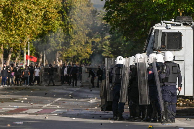 Mass Anti-Government National Protest in Tirana TIRANA, ALBANIA - OCTOBER 24: Riot police officers form a dense shield wall next to an active water cannon vehicle operating on a debris-strewn street on October 24, 2026, in Tirana, Albania. Unrest and physical confrontations erupt in Tirana city center as demonstrators and riot police clash during a massive nationwide protest, turning the capital s main avenue into a major flashpoint as chaotic skirmishes broke out between security forces and factions of the crowd. Artur Widak Anadolu Tirana Albania. Editorial use only. Please get in touch for any other usage.  Copyright: x2026xAnadoluxArturxWidakx