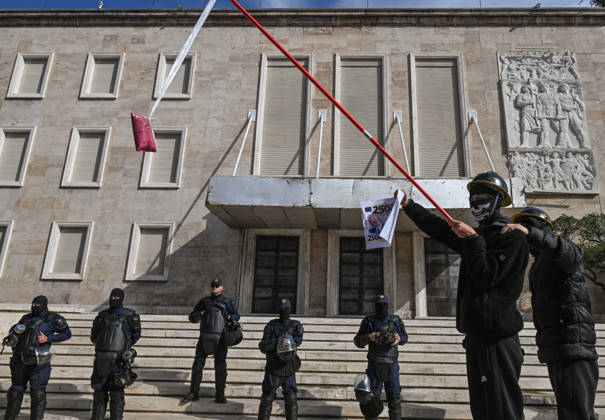 Mass Anti-Government National Protest in Tirana TIRANA, ALBANIA - OCTOBER 24: Riot police officers form a dense shield wall next to an active water cannon vehicle operating on a debris-strewn street on October 24, 2026, in Tirana, Albania. Unrest and physical confrontations erupt in Tirana city center as demonstrators and riot police clash during a massive nationwide protest, turning the capital s main avenue into a major flashpoint as chaotic skirmishes broke out between security forces and factions of the crowd. Artur Widak Anadolu Tirana Albania. Editorial use only. Please get in touch for any other usage.  Copyright: x2026xAnadoluxArturxWidakx