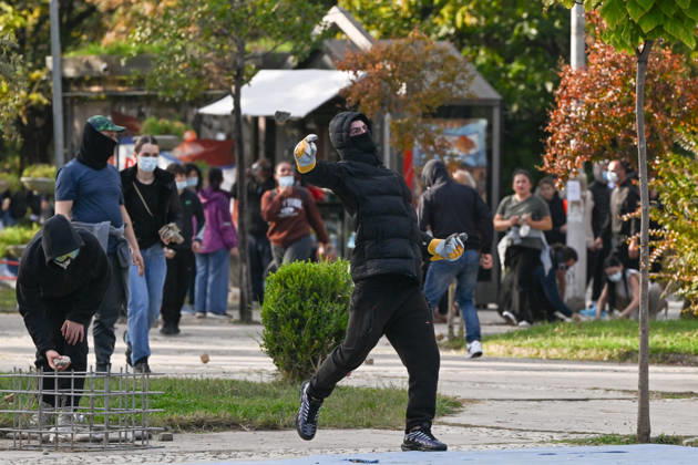 Mass Anti-Government National Protest in Tirana TIRANA, ALBANIA - OCTOBER 24: Riot police officers form a dense shield wall next to an active water cannon vehicle operating on a debris-strewn street on October 24, 2026, in Tirana, Albania. Unrest and physical confrontations erupt in Tirana city center as demonstrators and riot police clash during a massive nationwide protest, turning the capital s main avenue into a major flashpoint as chaotic skirmishes broke out between security forces and factions of the crowd. Artur Widak Anadolu Tirana Albania. Editorial use only. Please get in touch for any other usage.  Copyright: x2026xAnadoluxArturxWidakx