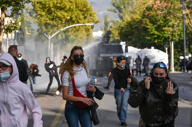 Mass Anti-Government National Protest in Tirana TIRANA, ALBANIA - OCTOBER 24: Riot police officers form a dense shield wall next to an active water cannon vehicle operating on a debris-strewn street on October 24, 2026, in Tirana, Albania. Unrest and physical confrontations erupt in Tirana city center as demonstrators and riot police clash during a massive nationwide protest, turning the capital s main avenue into a major flashpoint as chaotic skirmishes broke out between security forces and factions of the crowd. Artur Widak Anadolu Tirana Albania. Editorial use only. Please get in touch for any other usage.  Copyright: x2026xAnadoluxArturxWidakx