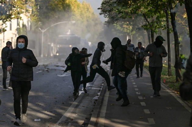 Mass Anti-Government National Protest in Tirana TIRANA, ALBANIA - OCTOBER 24: Riot police officers form a dense shield wall next to an active water cannon vehicle operating on a debris-strewn street on October 24, 2026, in Tirana, Albania. Unrest and physical confrontations erupt in Tirana city center as demonstrators and riot police clash during a massive nationwide protest, turning the capital s main avenue into a major flashpoint as chaotic skirmishes broke out between security forces and factions of the crowd. Artur Widak Anadolu Tirana Albania. Editorial use only. Please get in touch for any other usage.  Copyright: x2026xAnadoluxArturxWidakx