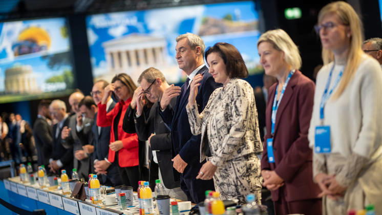 Joint prayer at the start of the second day of the event with Markus Söder, Dorothee Doro Bär, Martin Huber, Ilse Aigner, Alexander Dobrindt, and others; CSU Party Convention in Munich, Munich, Bavaria, Germany; Munich Trade Fair Grounds