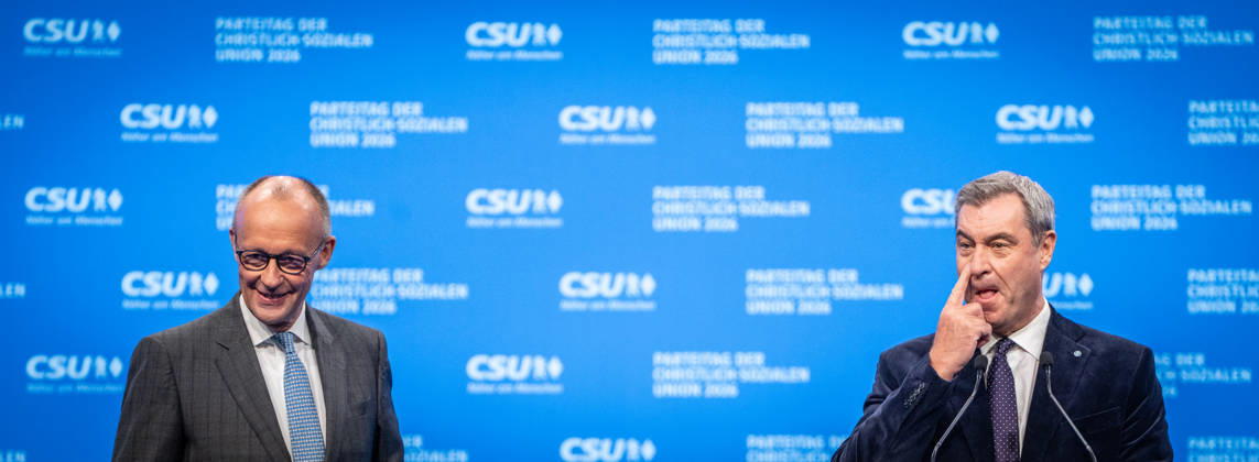 Chancellor Friedrich Merz with CSU Party Chairman Markus Söder at the CSU Party Convention in Munich, Munich, Bavaria, Germany, Munich Trade Fair Grounds