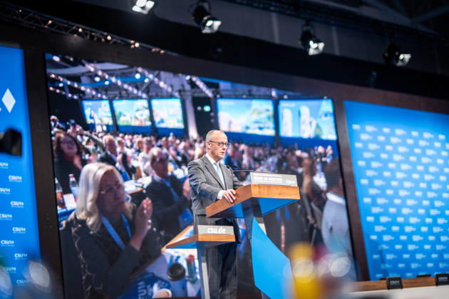 Chancellor Friedrich Merz speaks at the CSU Party Convention in Munich; CSU Party Convention in Munich, Munich, Bavaria, Germany; Munich Trade Fair Grounds