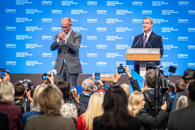 Chancellor Friedrich Merz with CSU Party Chairman Markus Söder at the CSU Party Convention in Munich, Munich, Bavaria, Germany, Munich Trade Fair Grounds