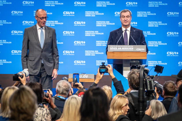 Chancellor Friedrich Merz with CSU Party Chairman Markus Söder at the CSU Party Convention in Munich, Munich, Bavaria, Germany, Munich Trade Fair Grounds