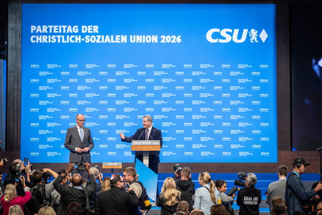 Chancellor Friedrich Merz with CSU Party Chairman Markus Söder at the CSU Party Convention in Munich, Munich, Bavaria, Germany, Munich Trade Fair Grounds