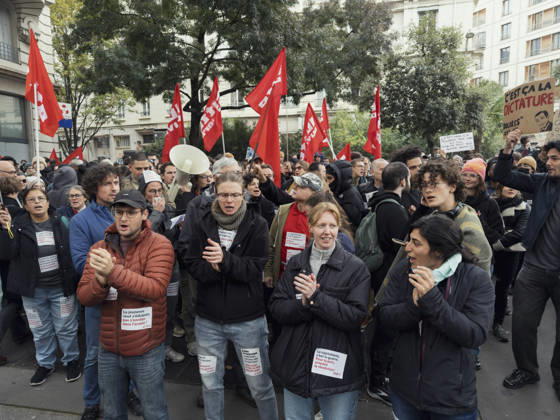 Lyon France Anti-Government Protest Demonstrators carry red union flags during a street protest in Lyon, France, on October 24, 2026. The demonstration took place amid renewed protests over living costs, wages and public services, while authorities restricted gatherings in parts of central Lyon following unrest during demonstrations the previous weekend. Lyon Rhone Alpes France Copyright: xAbolfazlxSalmanzadehx