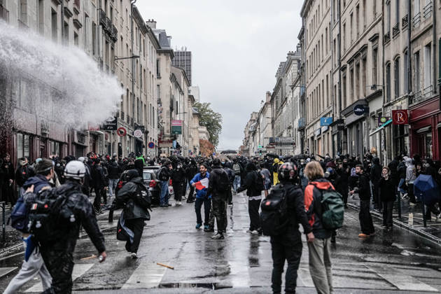 Police intervene in demonstrators amid ongoing protests in Nancy NANCY, FRANCE - OCTOBER 24: Police clash with protesters with water cannons and tear gas during a demonstration amid ongoing social and political tensions in Nancy, France, on October 24, 2026. Muhammed Said Tako Anadolu Nancy France. Editorial use only. Please get in touch for any other usage.  Copyright: x2026xAnadoluxMuhammedxSaidxTakox