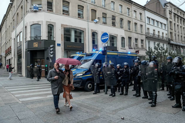 Police intervene in demonstrators amid ongoing protests in Nancy NANCY, FRANCE - OCTOBER 24: Police clash with protesters with water cannons and tear gas during a demonstration amid ongoing social and political tensions in Nancy, France, on October 24, 2026. Muhammed Said Tako Anadolu Nancy France. Editorial use only. Please get in touch for any other usage.  Copyright: x2026xAnadoluxMuhammedxSaidxTakox